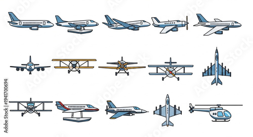 Collection of Various Airplane and Helicopter Illustrations in Vector Format.