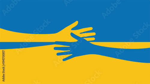Hands shaking in blue and yellow colors symbolizing unity and cooperation