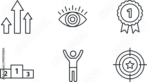 Success and Achievement Line Icon Set Featuring Growth Arrows, Vision Eye, Winner Medal, Podium Ranking, Celebration, and Target Goal