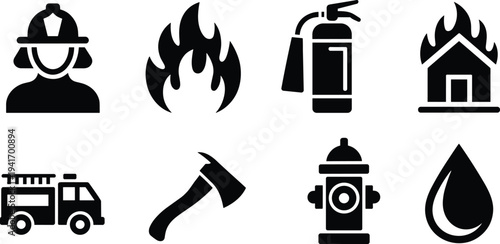 Firefighter and fire safety icon set including fire truck, extinguisher, hydrant and flame symbols, emergency rescue vector collection 