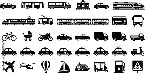 Transportation and Vehicle Icon Set with Car, Bus, Train, Bicycle, Airplane, Ship and Urban Transport Silhouette SymbolsTransportation and Vehicle Icon Set with Car, Bus, Train, 