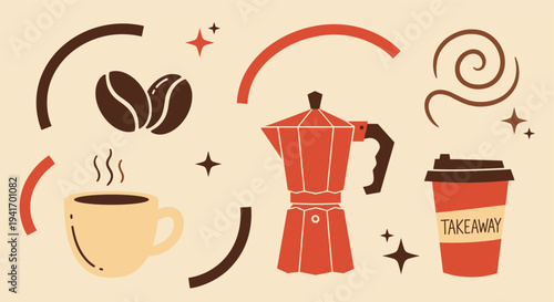 Coffee accessories flat illustration with abstract elements for cafe branding and web design