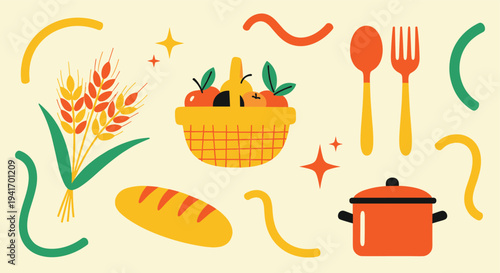 Food and kitchen items flat illustration with abstract shapes for cooking and healthy eating concepts