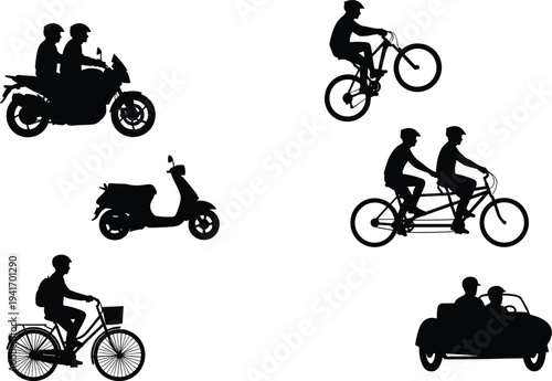 Transportation silhouette collection featuring motorcycle riders bicycle stunt tandem bike scooter classic car cycling activity black vector illustration set