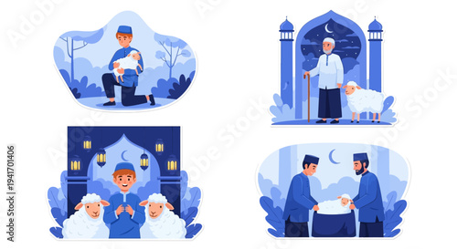 Illustrations of people praying and gathering during Ramadan at a mosque from various viewpoints