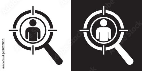 Individual target person icon with a single avatar inside a magnifying glass and scope. Symbolizes personalized marketing, candidate headhunting, user profiling, and specific client focus.