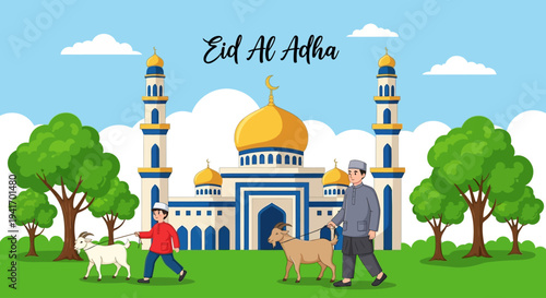 Celebrating Eid Al Adha with family near a mosque, featuring sheep, a man, and a child in a serene landscape, viewed from a distance, illustration