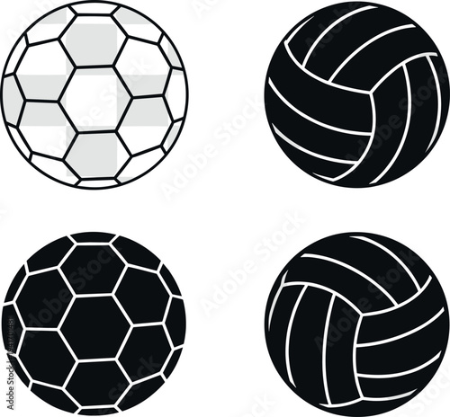 Soccer and Volleyball Line and Solid Icon Set Featuring Sports Ball Symbols for Football Game and Athletic Competition