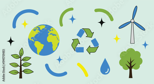 Environmental elements recycling green energy flat design illustration for eco friendly concepts and sustainable living