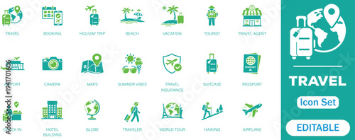 Travel Icon Set. Collection for globe, beach, holiday, booking, tourist,camera, money, hotel, transportation, plane, map, and more perfect vector icons. 