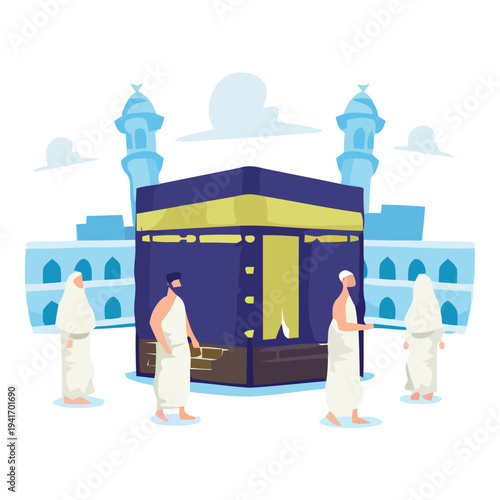Pilgrims circumambulating the Kaaba in a serene mosque courtyard with minarets