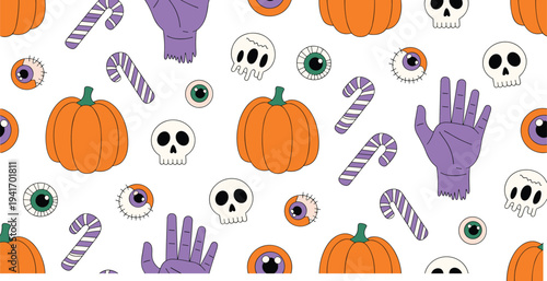 Seamless Halloween pattern with cute orange pumpkin jack o lantern faces in a fun autumn cartoon style perfect for October holiday designs