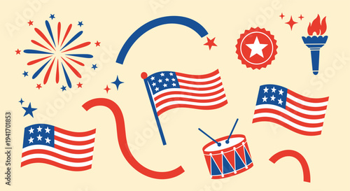 American patriotic celebration elements flat graphic illustration for national holiday designs