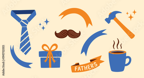 Fathers Day celebration elements flat design illustration for greeting cards and promotions