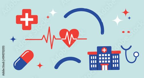 Medical healthcare elements with heart and hospital on a light blue background flat graphic illustration for wellness