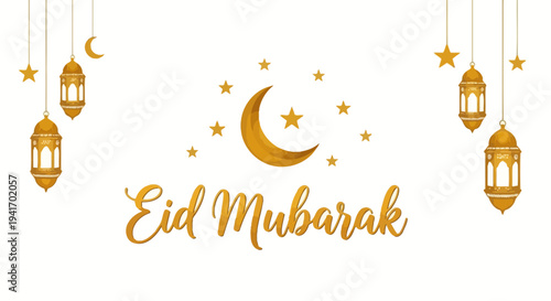 Celebratory Eid Mubarak illustration with crescent moon, lanterns, and stars hanging from above