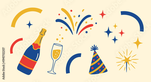 Festive celebration elements with champagne fireworks and party hat graphic illustration for new year and event design
