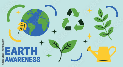 Earth awareness symbols promoting ecological consciousness flat illustration for educational and promotional graphics