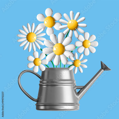 3d vector illustration daisy flowers bouquet in watering can