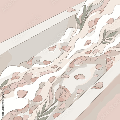 Bath tub filled with bubbles and flower petals in soft colors  