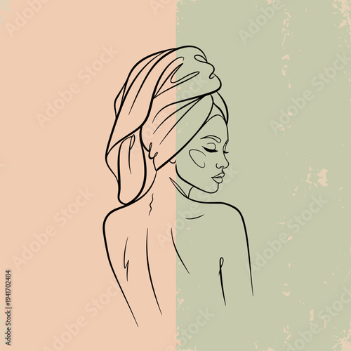 Woman with towel on her head looking serene in minimalist line art  
