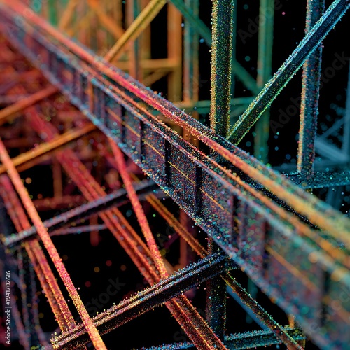 Digital network structure displaying vibrant particle connections