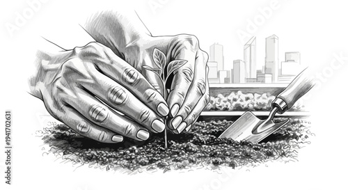 Hands planting a small seedling in soil, symbolizing growth and new beginnings.