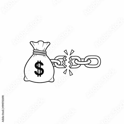 Money Bag with Broken Chain Hand Drawn Illustration.