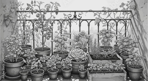 Lush Balcony Garden with Various Potted Plants and Herbs.