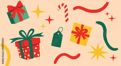 Christmas holiday gifts and festive elements seamless pattern flat graphic illustration for greeting cards and web design