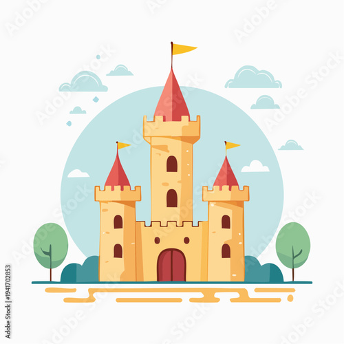 Fantasy Castle Illustration Featuring Towers and Flags Under a Blue Sky with Clouds