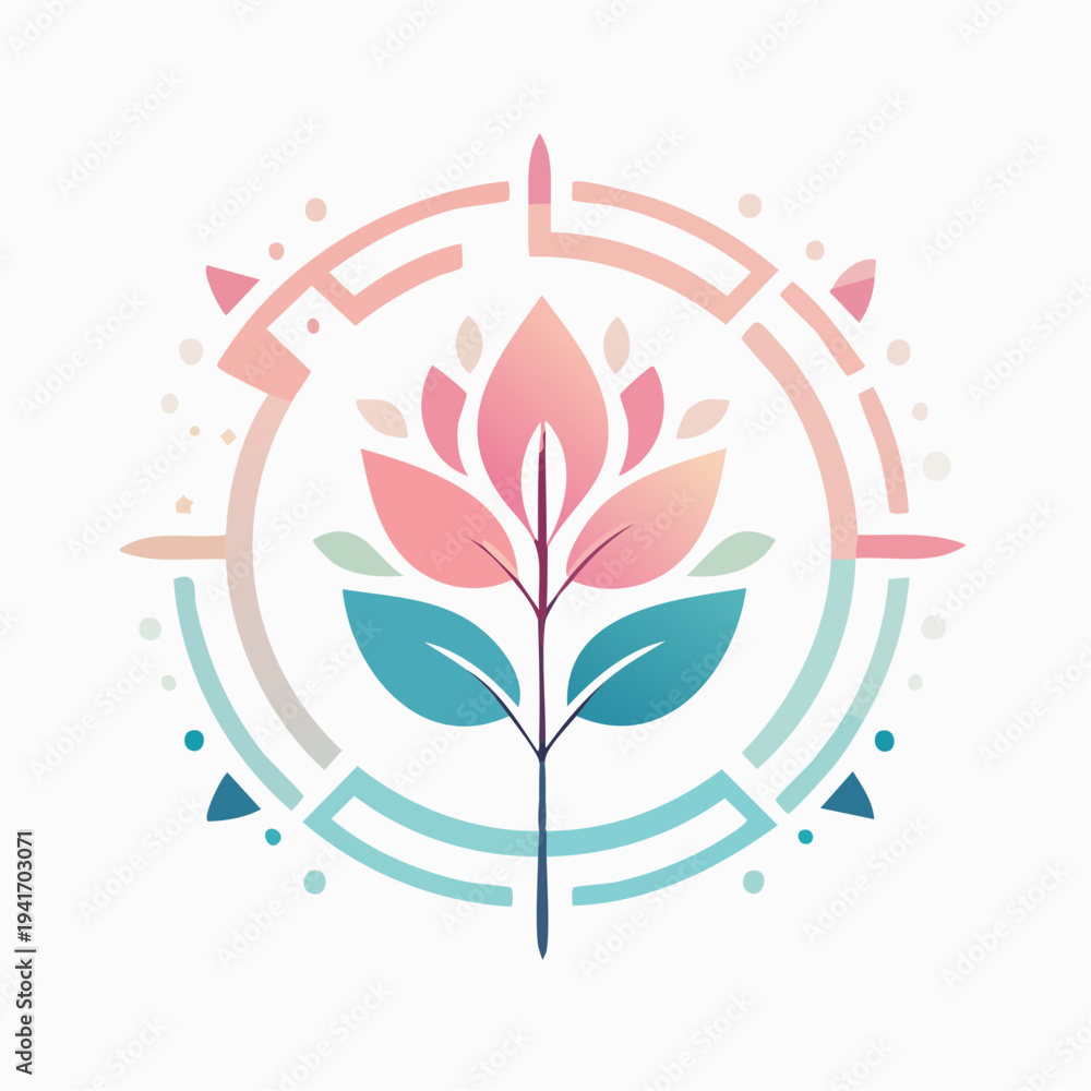 Fototapeta premium Abstract stylized lotus flower icon with geometric background elements and soft gradient colors
