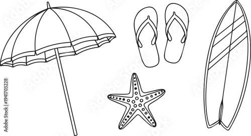 Set of 4 beach icons vector, beach umbrella, flip flops, starfish, surfboard