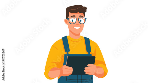 Smiling Engineer Holding a Tablet Device