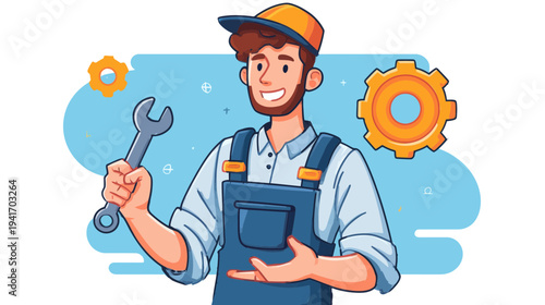 Smiling Engineer Holding Wrench With Gear Icon