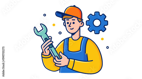 Smiling Engineer With Wrench and Gear Icon Illustration