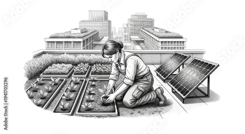 Person tending to a rooftop garden with solar panels.