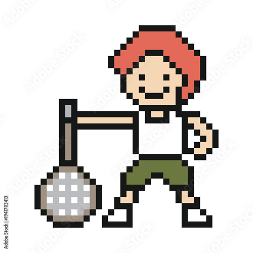 Cartoon man play tennis or badminton 8 bit with character,training,racket,cute,swing,court.