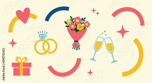 Love celebration symbols with abstract shapes and sparkles flat design illustration for greeting cards and social media.