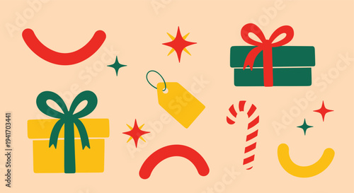 Festive holiday gifts candy cane and stars pattern on light background graphic design for seasonal promotions