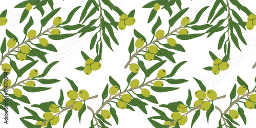 Green olive pattern. Summer botanical texture. Cartoon olive background isolated on white. Seamless backdrop for organic design.