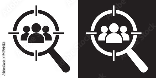 Team identification and group targeting icon. A cluster of three user avatars within a scope and lens. Ideal for customer segmentation, social group analysis, and community management concepts.