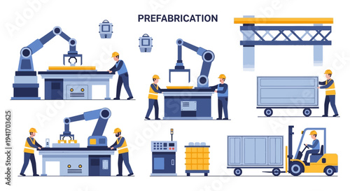 Prefabrication and Modular Construction Process with Robotic Arms, Workers, and Industrial Equipment - Vector Illustration Set