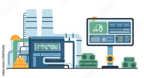 Industrial Automation and Control System. Smart Manufacturing with Digital Monitoring Panel for Modern Factory Operations.
