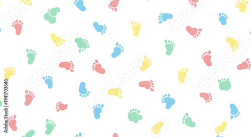 Colorful Baby Feet Pattern on White Background.