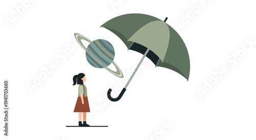 Woman Looking at Planet Under Umbrella.