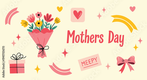 Mothers Day celebration with floral bouquet and gift boxes on a light cream background in a flat cartoon style for greeting cards and banners