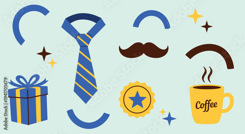 Fathers Day elements set with tie mustache coffee cup and gift box on light green background graphic illustration for celebration banners