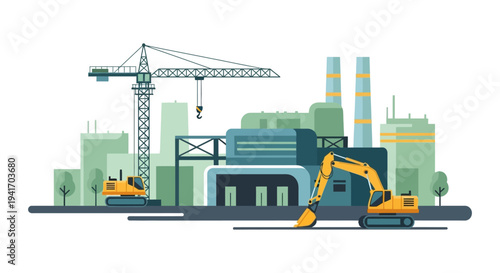 Modern Industrial Construction Site: Crane, Excavator & Factory Buildings Vector Illustration