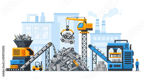 Industrial Metal Recycling Plant Process: Heavy Machinery Crushing and Compacting Scrap for Waste Management and Resource Recovery